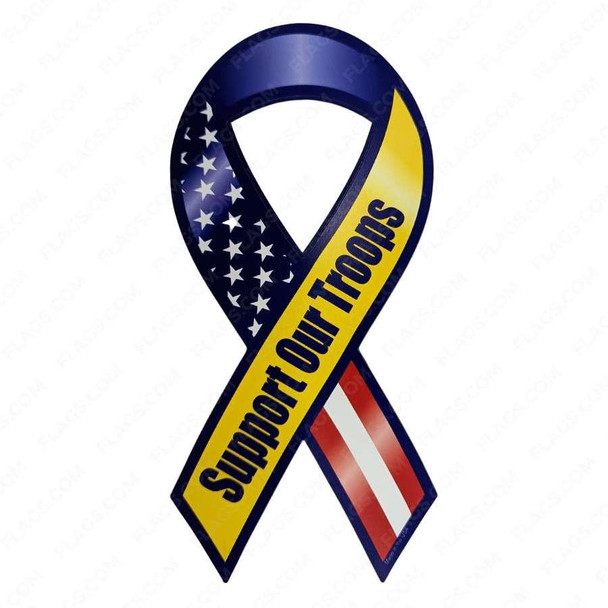 This magnet is a ribbon with the American flag on one half and yellow with a text that reads “Support Our Troops” on the other side.