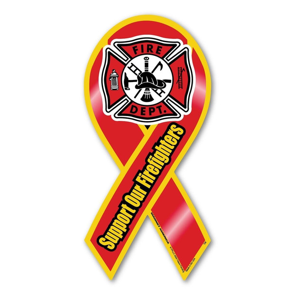 The firefighters magnet is a red ribbon with a Maltese cross inside the ribbon’s loop. On the ribbon is the yellow text, “Support Our Firefighters.” 