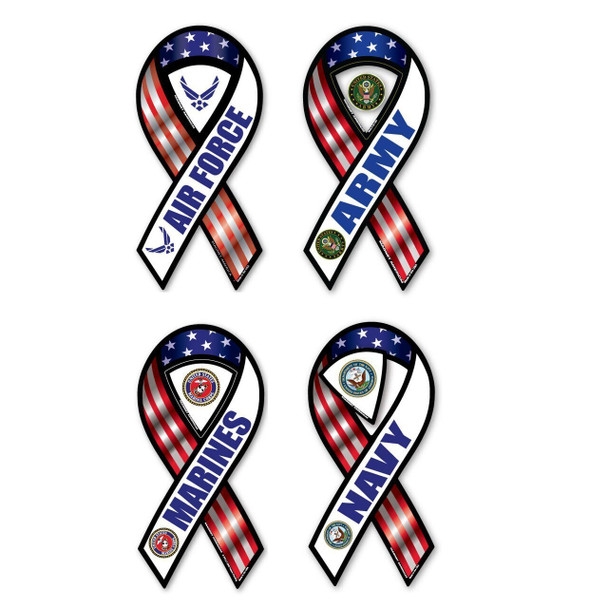 A set of four white ribbon-shaped magnets, each featuring the name and logo of the US Air Force, Army, Marine Corps, and Navy.