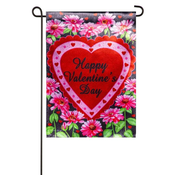 A garden flag depicting a red heart surrounded by flowers with the text "Happy Valentine's Day" in the center.