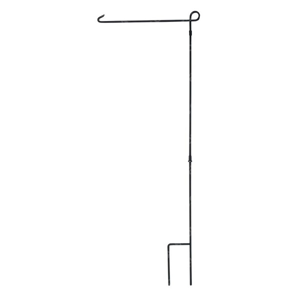 A black garden flag pole constructed of black iron. The end for attaching flags is curved, and the other end has 2 tines for securing in the ground.