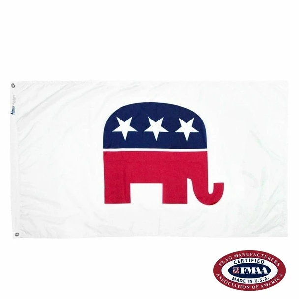 The Republican flag has an Elephant wearing blue with white stars on the top and red legs in front of a white background.
