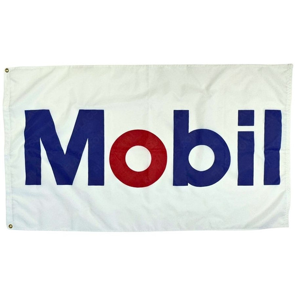 The image displays the Mobil Oil Corporation flag. The flag has a white background with a the text ‘Mobil’ written on the center. The letters are in blue with the exception of the letter ‘O’ which is in red.