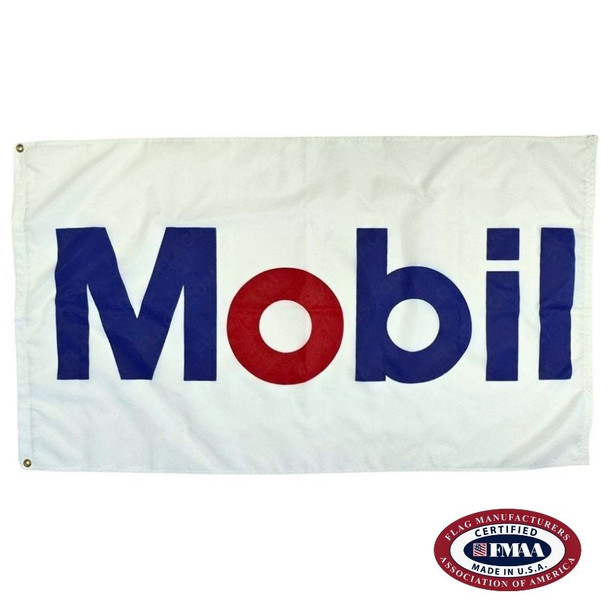 The image displays the Mobil Oil Corporation flag. The flag has a white background with a the text ‘Mobil’ written on the center. The letters are in blue with the exception of the letter ‘O’ which is in red.