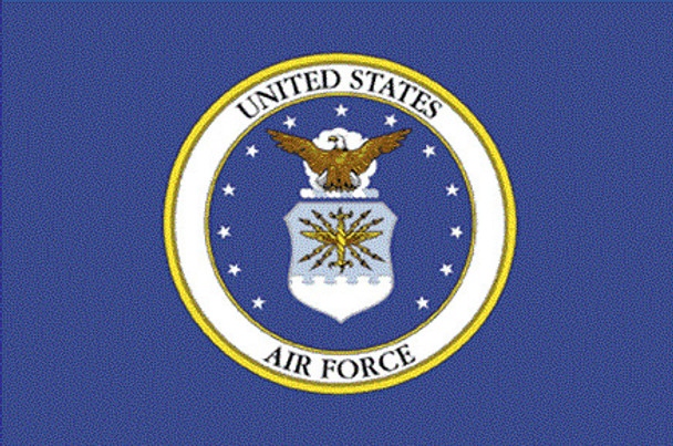 A blue rectangular US Air Force sticker. In the center is a circular emblem containing stars, a bald eagle, and a shield.