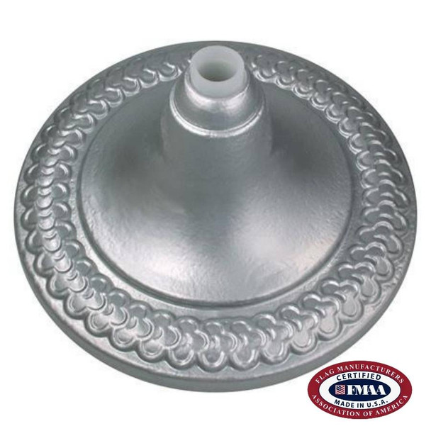 The guidon pole stand is a silver base with a decorative trim around the edge, and an insert for a flagpole in the center. FMAA Made in America seal.