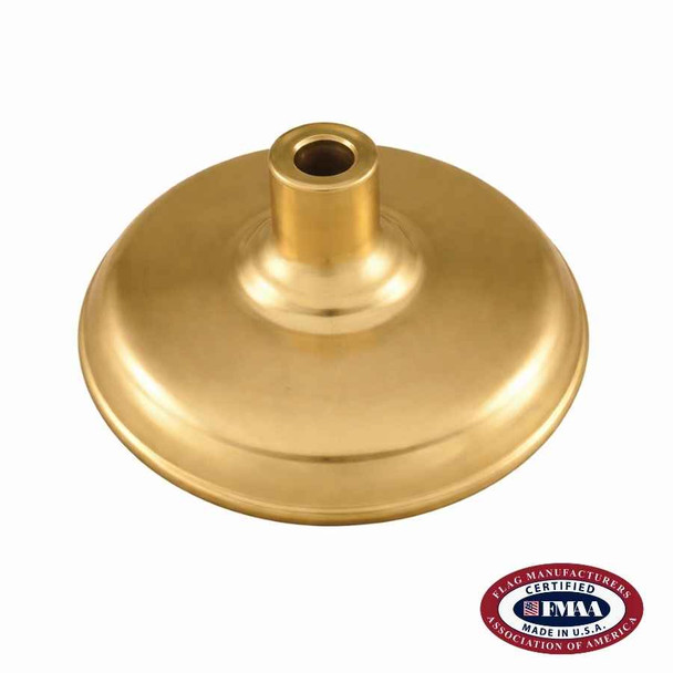 An Admiral AAA Floor Stand made of cast iron, is colored gold, with a round bell shaped base and a cylinder shaped pole mount that holds up to 1 1/4" or 1 3/8" diameter flagpole.
