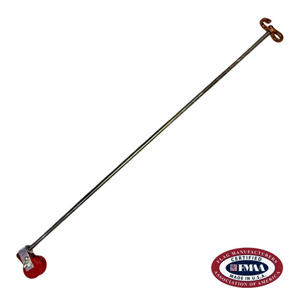 A steel non-tangle rod is shown with attachments at either end. FMAA certification seal.