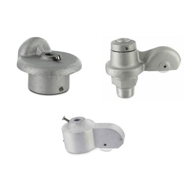 Three different stationary and rotating flagpole trucks are shown. Each is made of cast aluminum and features a small attached pulley. 