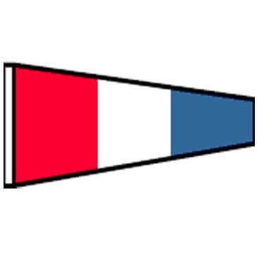 The three flag is a pennant with vertical red, white, and blue stripes.