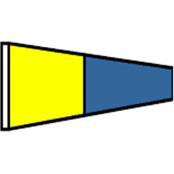 The five flag is a pennant split vertically between yellow and blue fields.