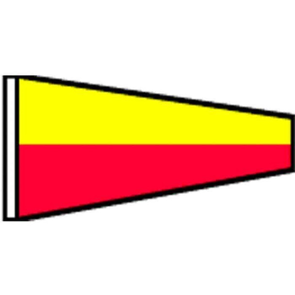 The seven flag is a pennant horizontally split with a yellow field above and a red field below.