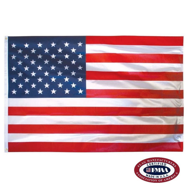 A nautical American flag with 50 white stars on a blue canton and 13 alternating stripes of red and white.