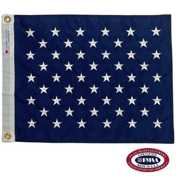 A Maritime US Jack Flag that is navy with 50 white embroidered stars. The flag has a canvas header and brass grommets. FMAA Certified Made in America seal.