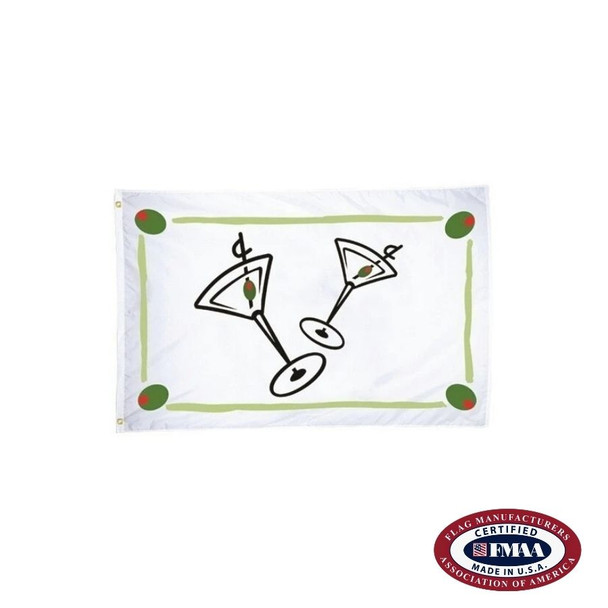 Small boat flag with 2 martini glasses and olives in the center and green border with olives in corners.