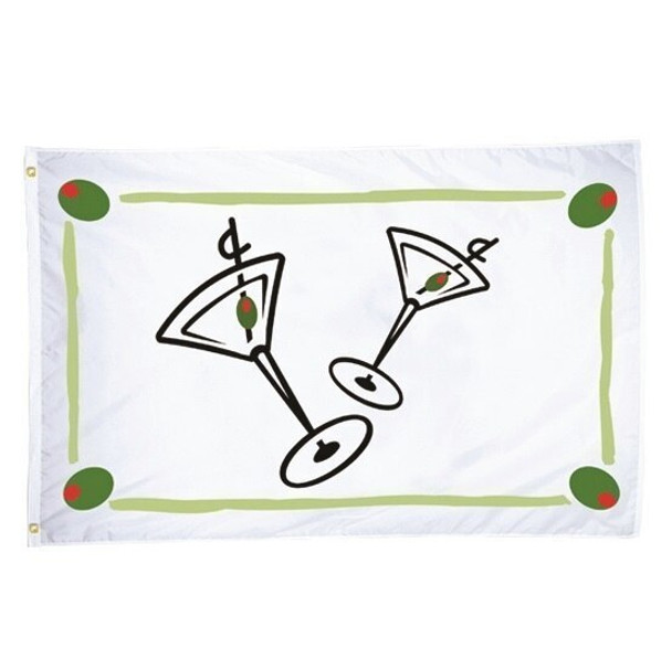 Small boat flag with 2 martini glasses and olives in the center and green border with olives in corners.