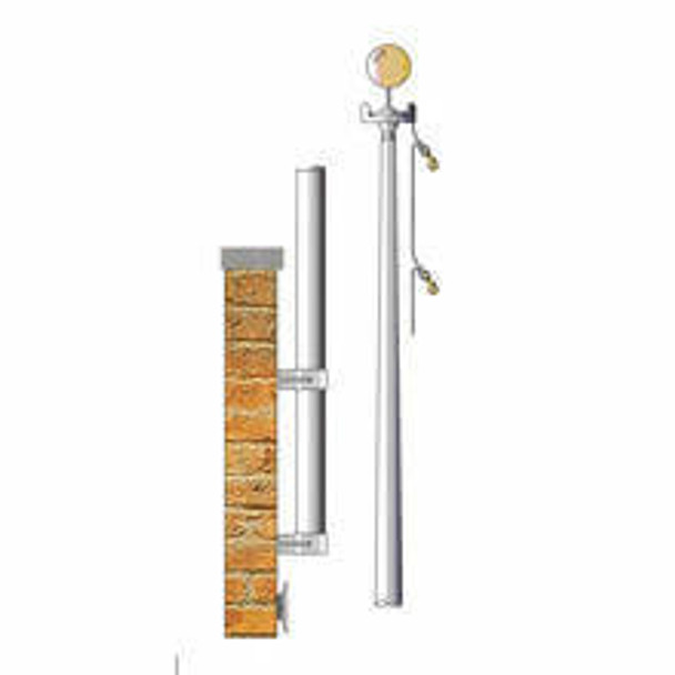 An illustration of a flagpole attached to a brick wall with a flagpole with a gold sphere ornament, truck, and halyard next to it.