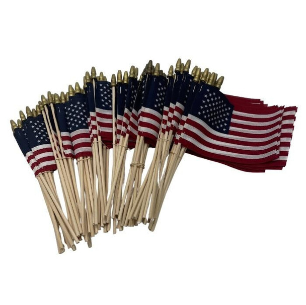 A pack of 144 American stick flags separated into bundles.