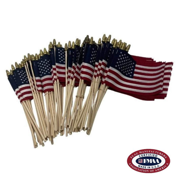 A pack of 144 American stick flags separated into bundles.