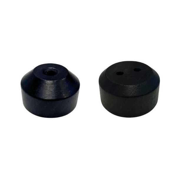 A black-colored wooden base, one with 1 hole and the other with 2 holes.