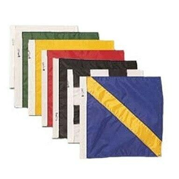 Seven auto racing flags are shown stacked on top of one another.