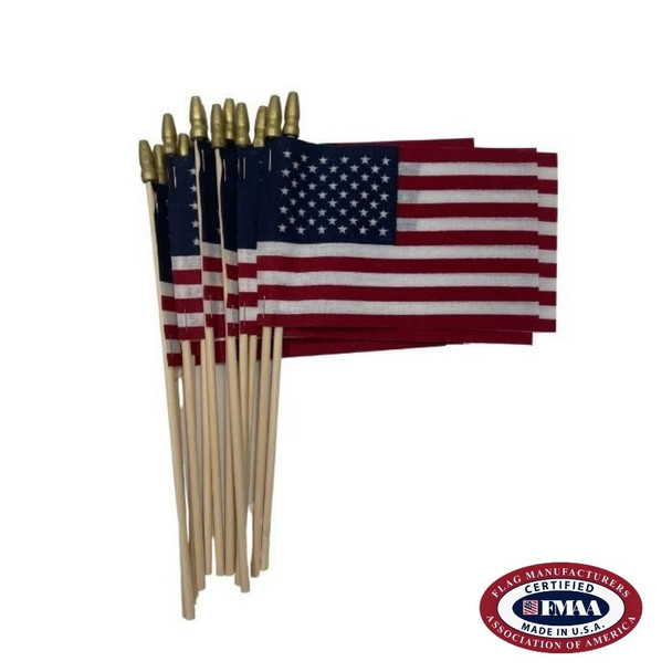 A dozen small 4" x 6" stick flags with a non-fraying finish on a light wood staff.