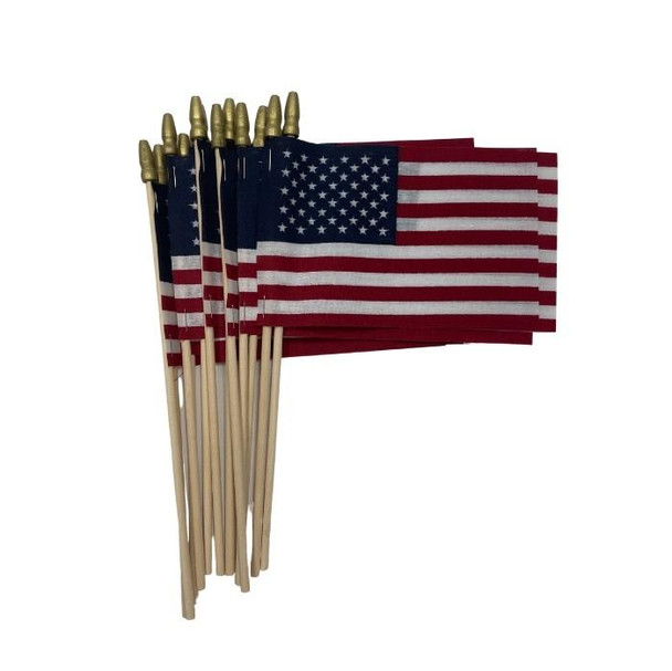 A dozen small 4" x 6" stick flags with a non-fraying finish on a light wood staff.