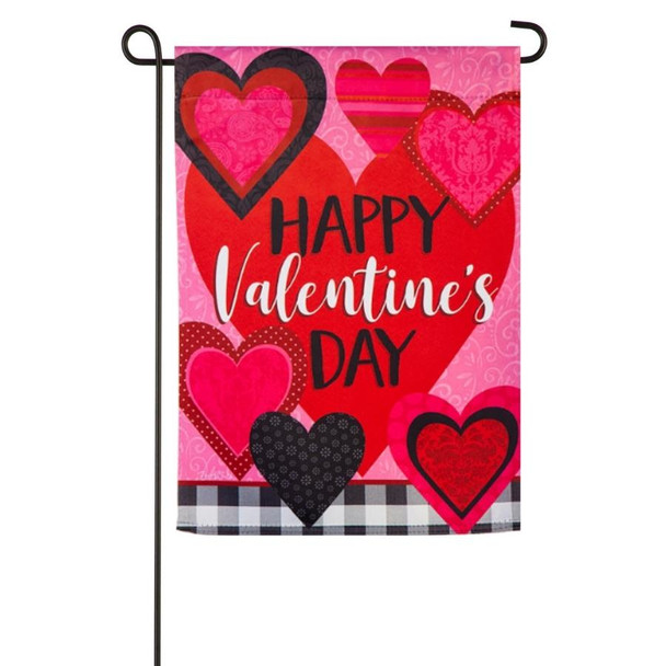 A pink Patterned Valentine's Hearts Garden Suede Flag with the text "Happy Valentine's Day" surrounded by pink and black hearts.