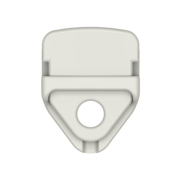 The front of a white plastic grommet clip with both pieces locked together and the grommet hole pointing downwards.