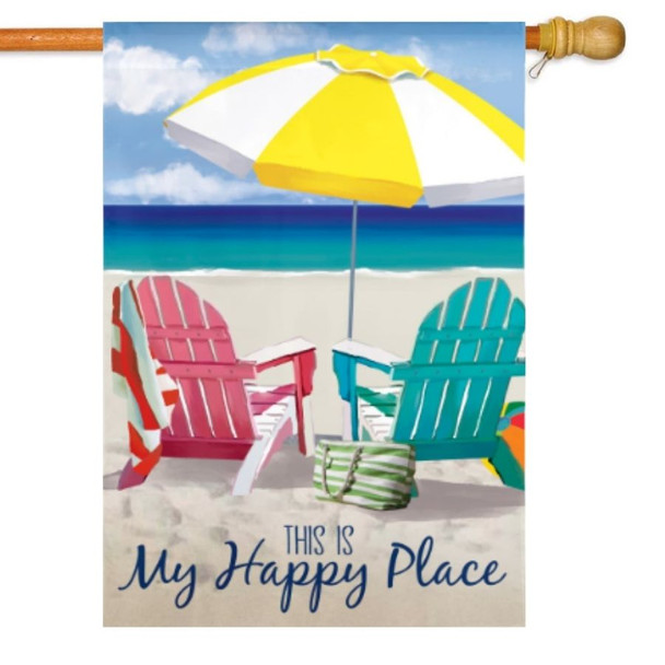 A house flag depicting two Adironback chairs on a beach below a white and yellow umbrella. The blue text "This is My Happy Place" is at the bottom.