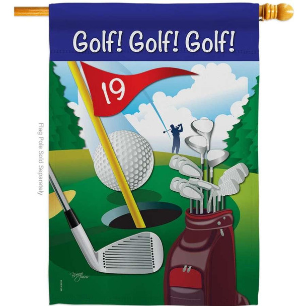 A flag that features a golf course with a golf club, a golf ball, a hole, a tour bag holding 13 clubs, and a red flag that reads "19." On the top is a blue strip with white text that reads "Golf!" 3 times.