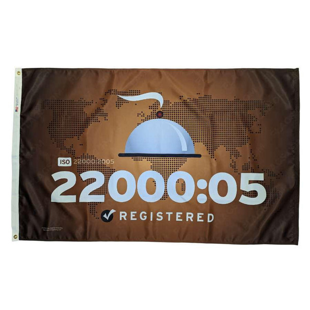 An ISO 2200005 Flag featuring a brown field with a lighter brown map of the world. The center has a metal food dome with "22000:05 Registered" below it. 