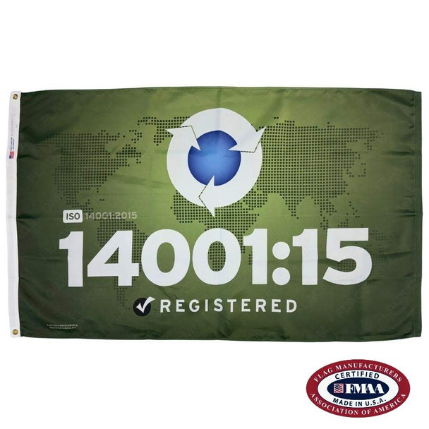 The ISO 14001:15 flag is green with the text “14001:15 / Registered” in white below a white circle composed of three arrows. FMAA Certified Made in America seal.