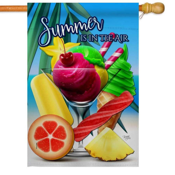 A summer decorative flag featuring a martini glass with fruit and ice cream inside and around it. The background has a beach-like appearance. The top says "Summer is in the Air"