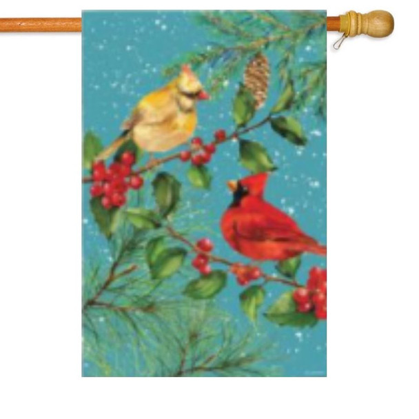 A Cardinal Couple House Flag depicting two cardinals perched on a branch on a blue background.