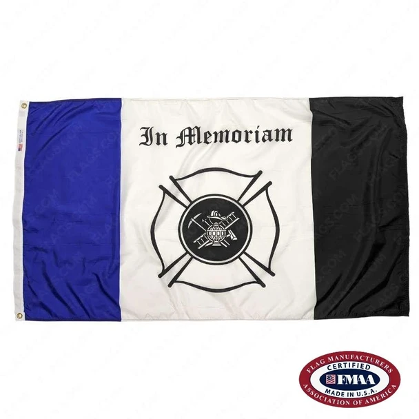 The Firefighter Mourning Flag is a tricolor of blue, white, and black. In the center is the text 'In Memoriam' with a firefighter emblem below. FMAA Certified Made in America seal.