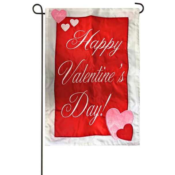 A Happy Valentine's Day Applique Garden Flag depicting the white text "Happy Valentine's Day" on top of a red field surrounded by hearts and a white border.