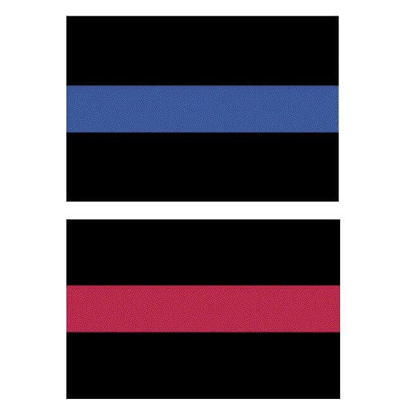 The thin line decals feature a black background with a stripe running horizontally down its center; either a small red stripe for firefighters or a thin blue stripe for police.