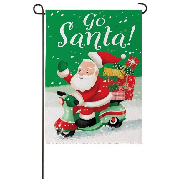 A Go Santa garden flag depicting Santa on a green scooter bike with presents on the back. Above is the text "Go Santa!".
