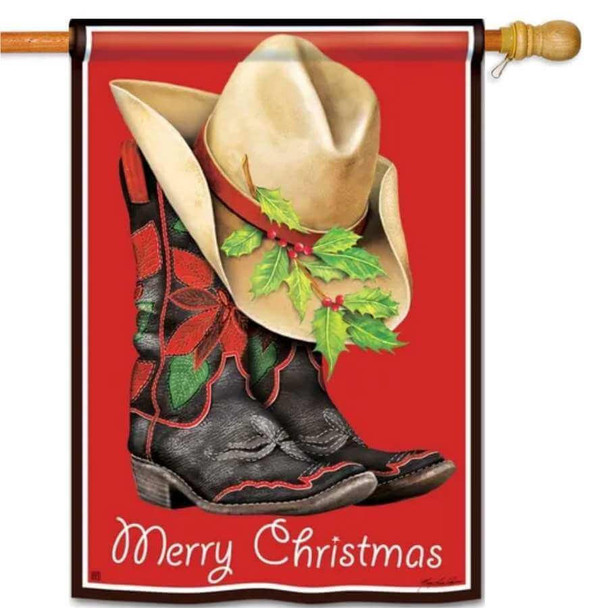 This house fag features a red background with a black border. In the center are a pair of black boots and a cowboy hat with a mistletoe attached.