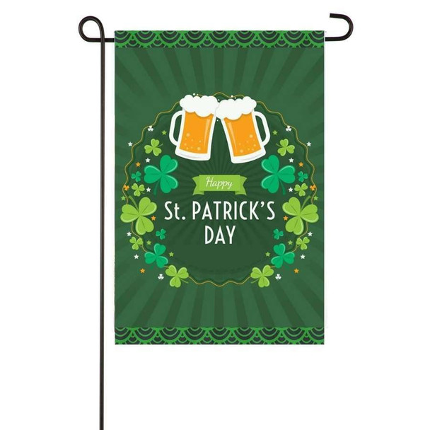 A St. Patrick's Day garden flag with green circular stripes and a patterned border. The middle has 2 beer mugs, and says "Happy St. Patrick's Day" with shamrocks surrounding the words.