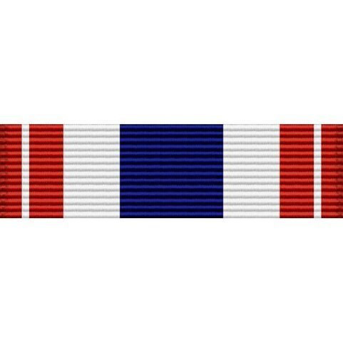 A military streamer consisting of five vertical red, white, and blue stripes. On the red stripes is a thin white line. 