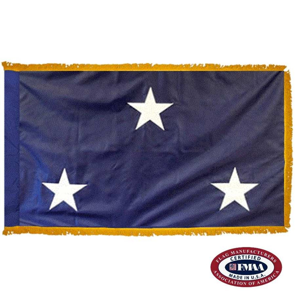 The Navy Seagoing 3 Star Officer Indoor Flag is dark blue with three white five-pointed stars. FMAA Certified Made in America seal.