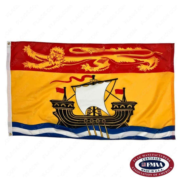 The New Brunswick flag is yellow and depicts a large sailing ship on the ocean. At the top is a yellow lion on a red stripe. FMAA Certified Made in America seal.
