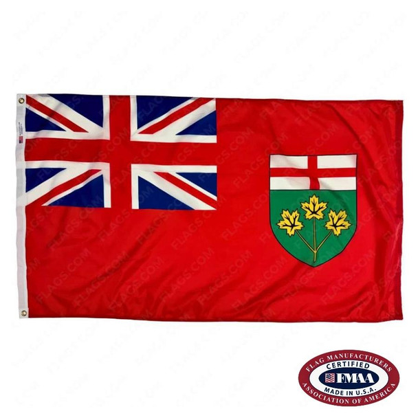 The Ontario flag is red with a Union Jack in the canton & a coat of arms on the right containing St. George’s Cross & 3 gold maple leaves. FMAA Certified Made in America seal.
