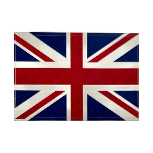 A United Kingdom sticker with perpendicular and diagonal red crosses outlined in white, and a dark blue background.
