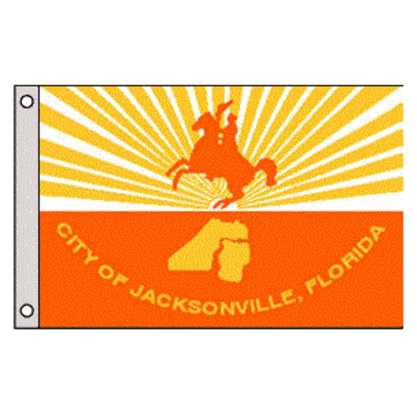 The Jacksonville, FL flag depicts an orange rider on a horse in front of a sunrise, above a map of the city and its name. 