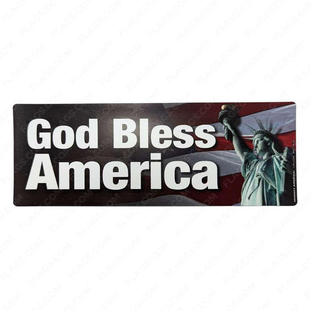 This strip magnet has white text that reads “God Bless America” in front of the American flag and Statue of Liberty.