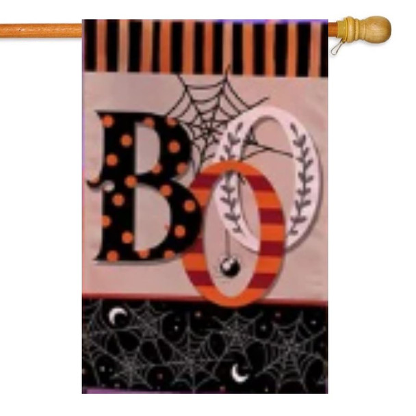 A house flag depicting the word "BOO" in black, orange, and white colors surrounded by spiderwebs and stripes.