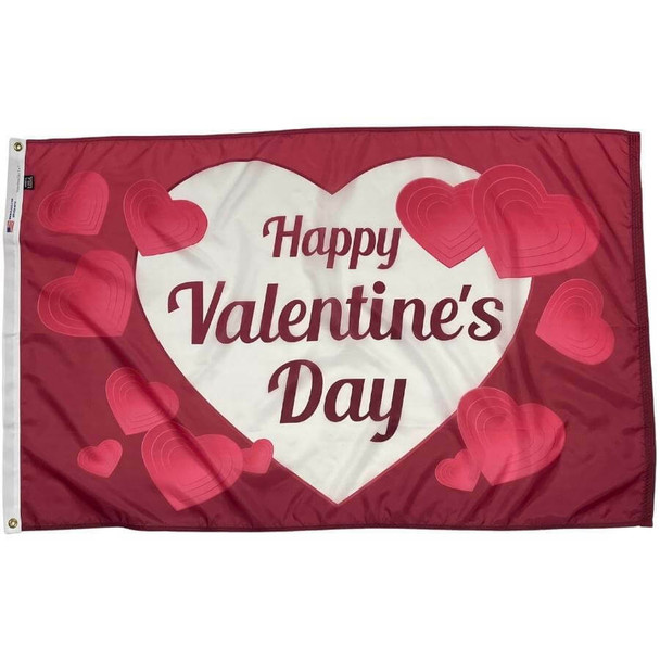 A Valentine’s Day flag with a dark pink field. The center has a big white heart that says, “Happy Valentine’s Day.” Scattered around are multiple hearts in different shades of pink.